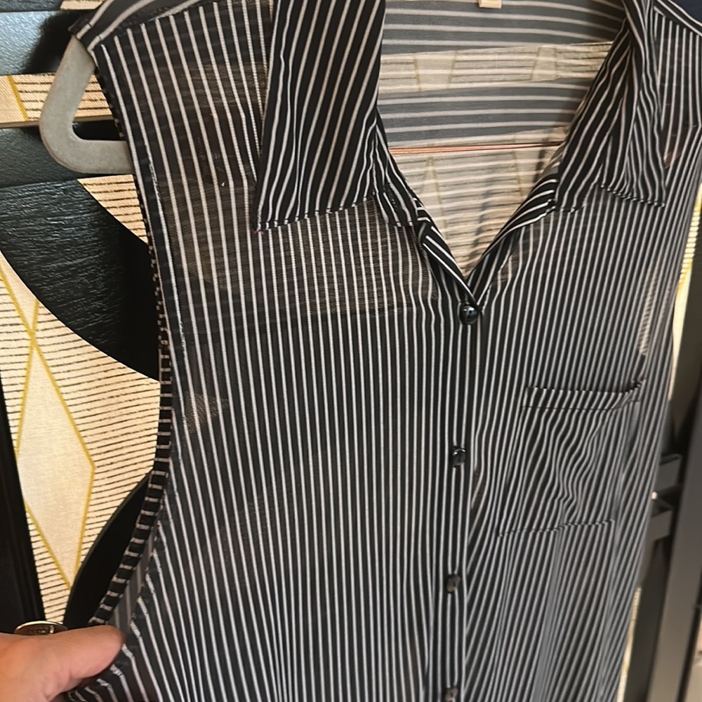 G Collection Semi Sheer Black & White Stripe Button Down Duster / Cover / Dress.
